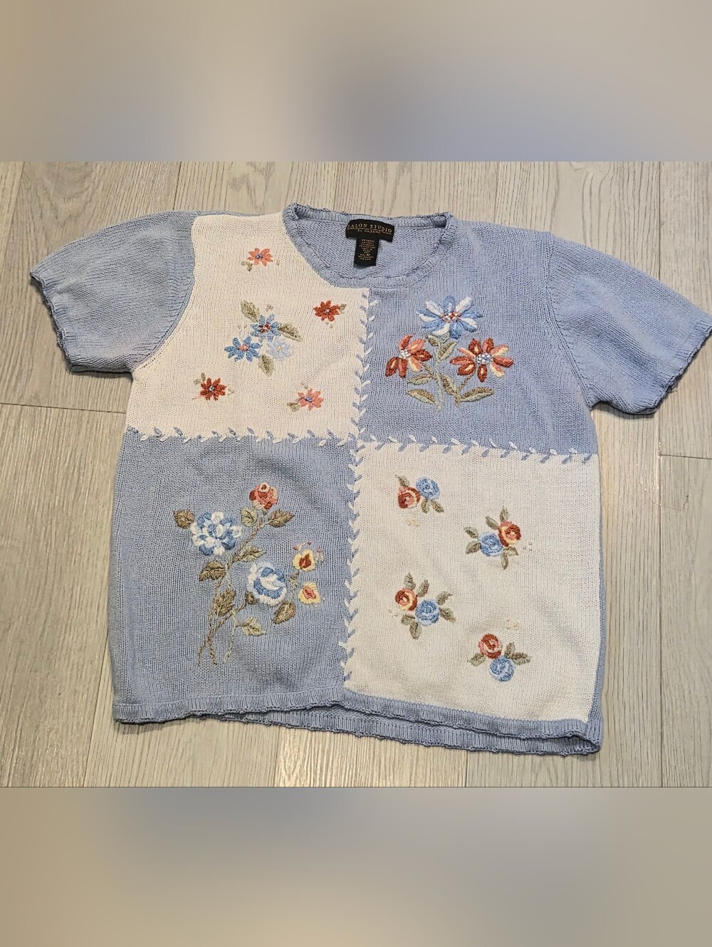Haband Light Blue and Cream Floral Patchwork Knit Top